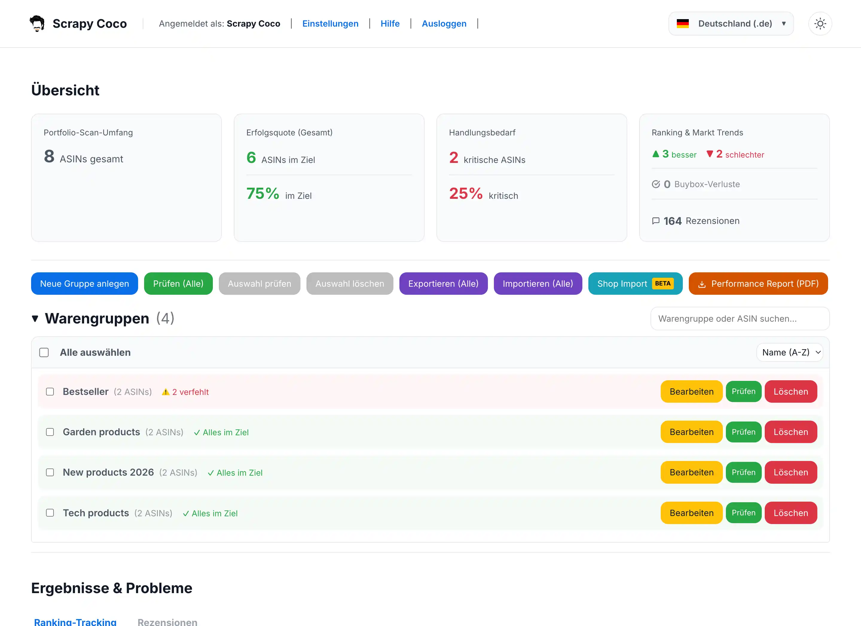 Scrapy Coco Keyword-Ranking Dashboard – ASIN Positionen im Überblick
