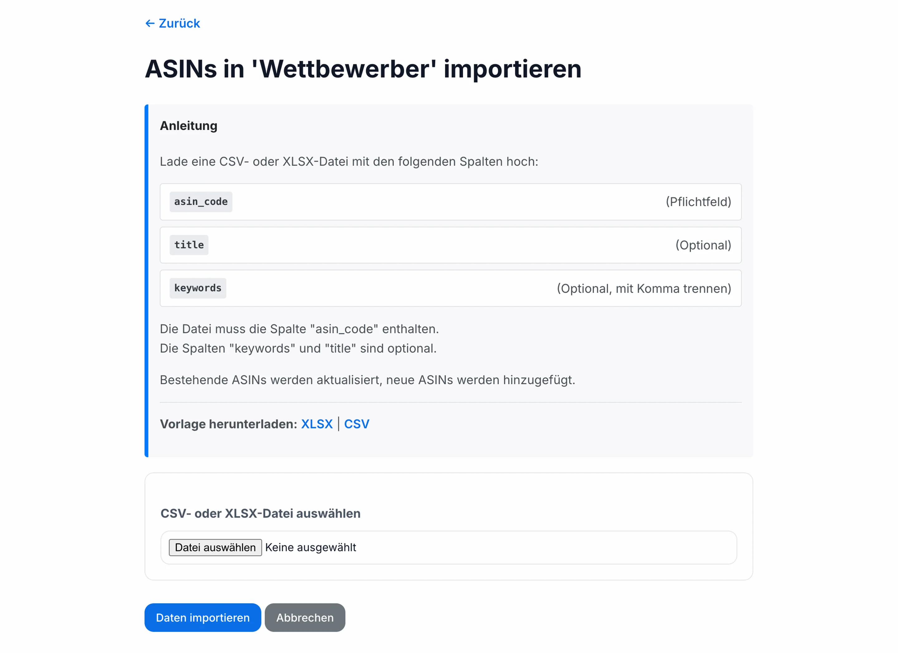 Amazon ASIN Massen-Import per CSV-Datei in Scrapy Coco